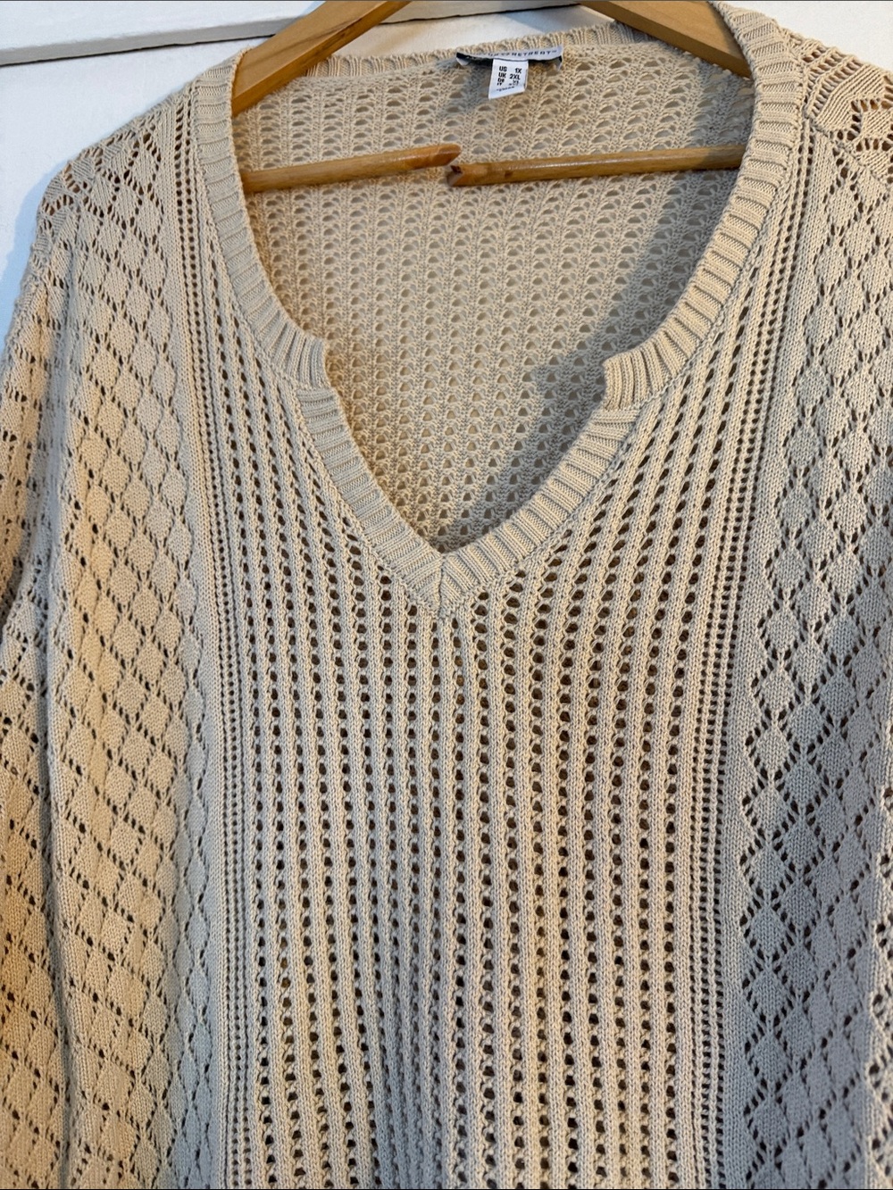 Open-Knit V-Neck Sweater in Light Cream